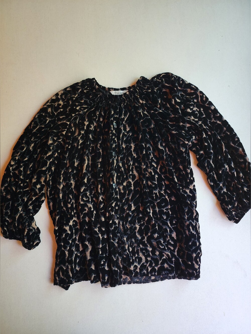 Tucker Button-up Silk Velvet Burnout Leopard Print Blouse
